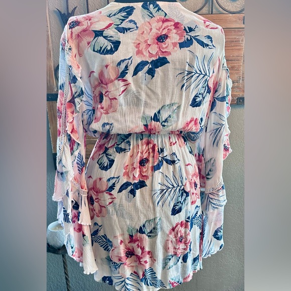 Flowy Rayon Gauze Flowered Beach Swimsuit Coverup Boho Dress by Blue Island Sz M - Picture 6 of 14